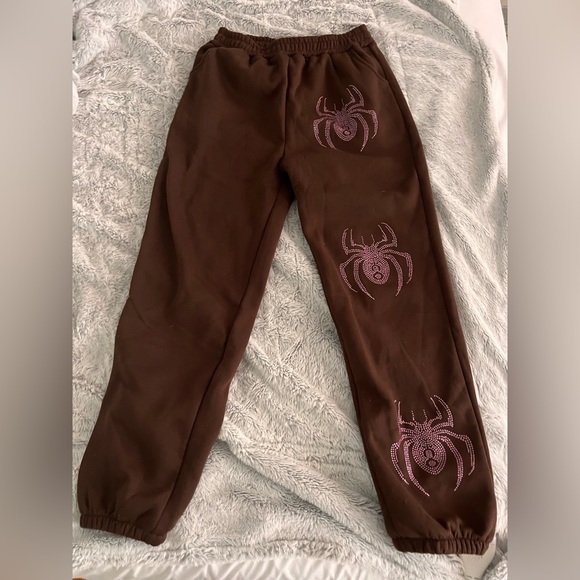 Pink Rhinstone Brown Spider Sweatpants - Picture 1 of 5